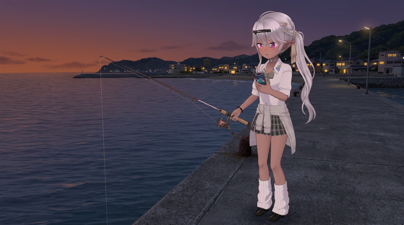 中潮の穏やかな夜、月明かりの下でアジを釣り上げ、満面の笑みを浮かべる制服姿のアバター。