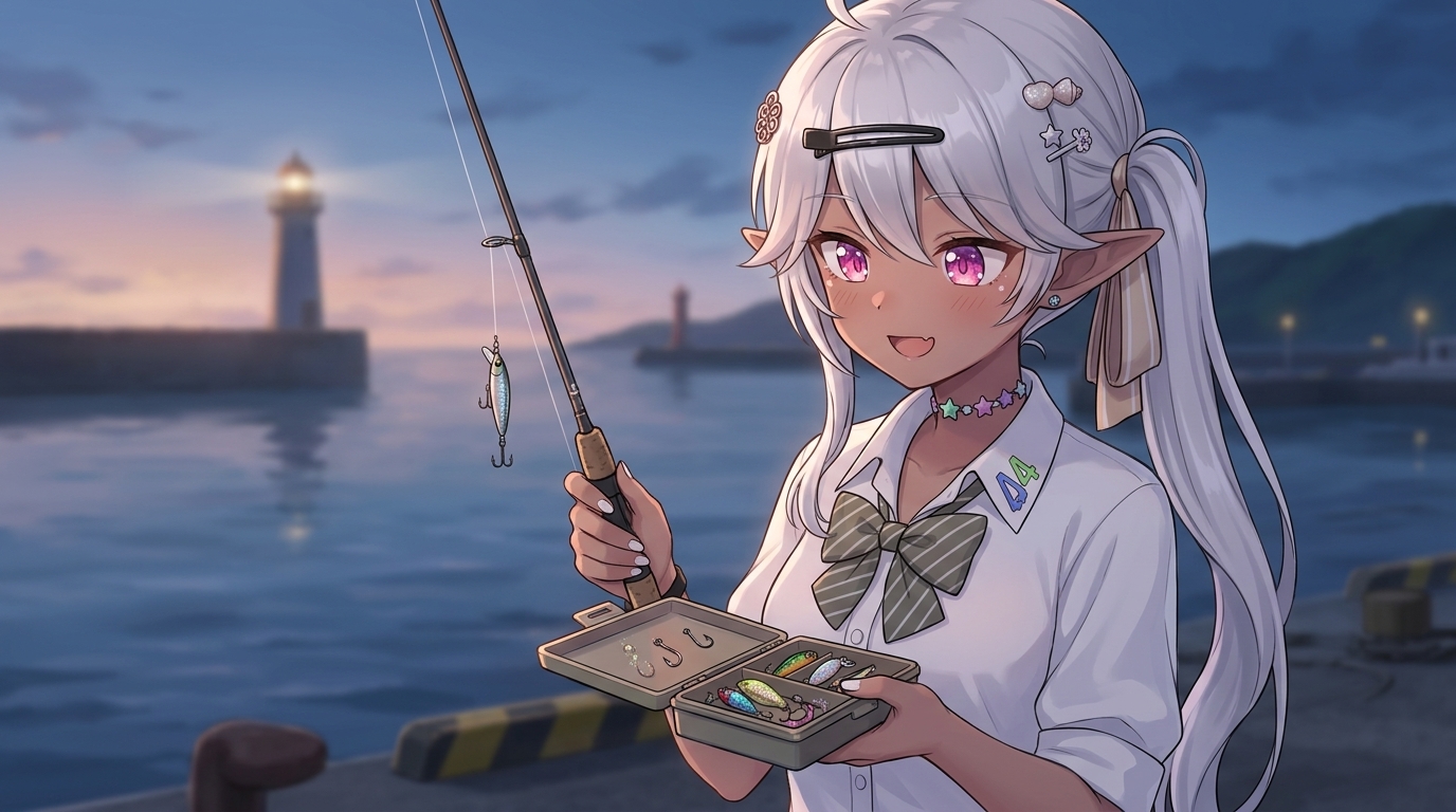 アジング用プラグの最強の選び方をテーマに、夕暮れの漁港で小型タックルボックスに入ったルアーを眺める銀髪のキャラクターのアニメイラスト。