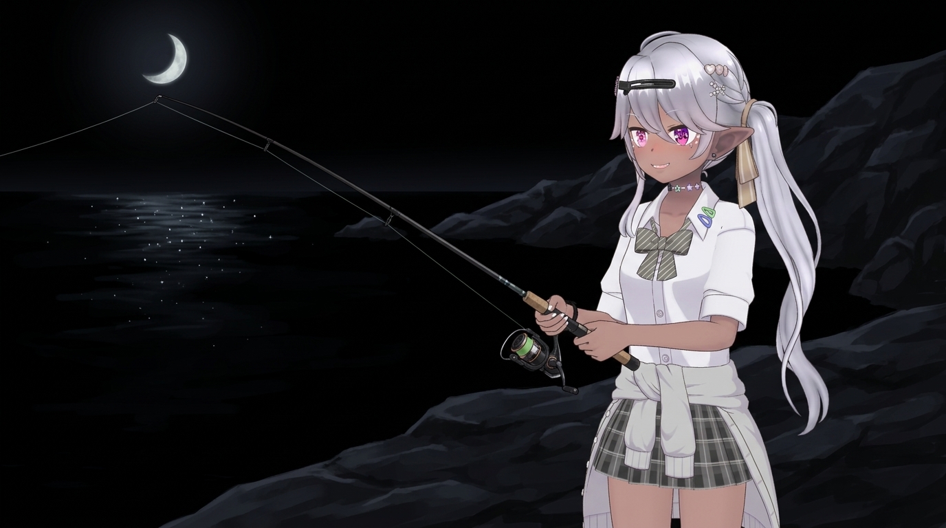 夜の暗い堤防で、アジングロッドを手に海を見つめ、居場所が絞れないことに困るエルフの女の子。