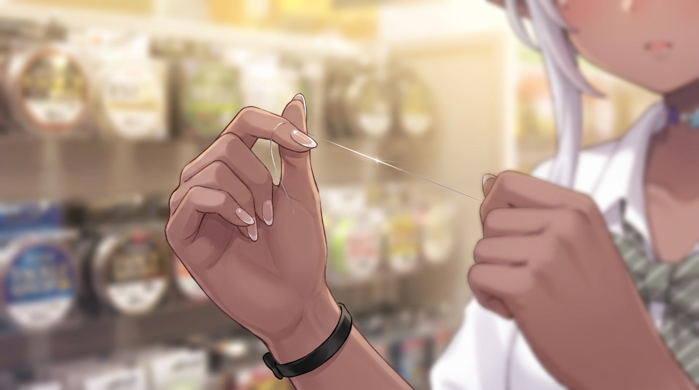 アジング用エステルラインの極細さを、指先で確かめる「黒耳」さんの手元。繊細なラインの感触を伝える。