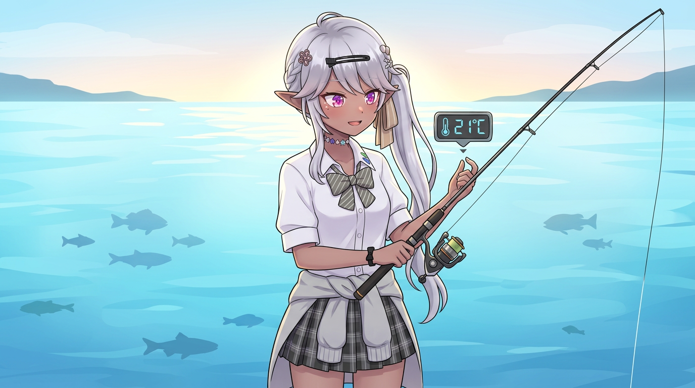 春の漁港で、シルバーヘアの少女アバターが防波堤に身を乗り出して海を見ている。水中ではアジがプランクトンを追っている。上部には水温グラフとプランクトンのイラストがある。水温とプランクトンの関係を表現。