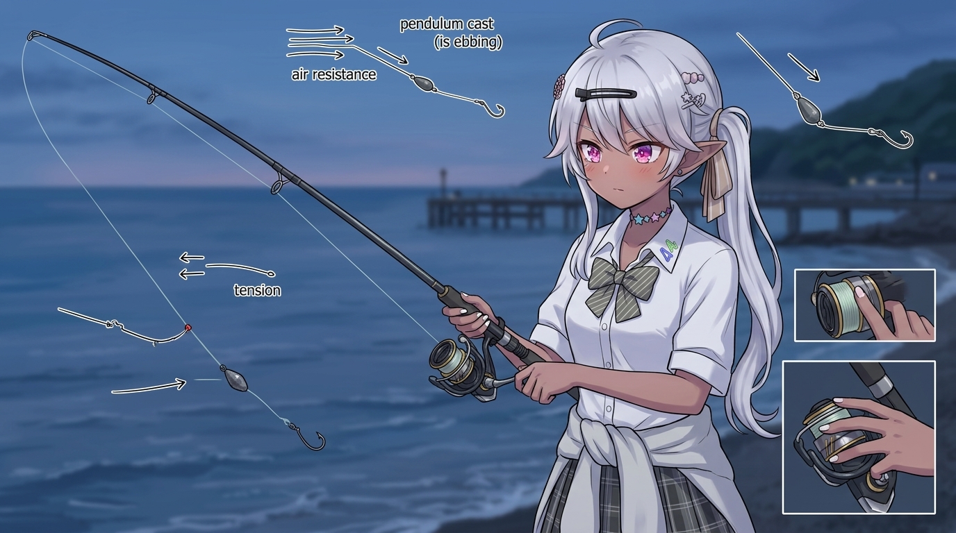 アジングのキャロライナリグにおいて、仕掛けの絡みを防ぐための正しいキャストフォームと、着水直前にスプールをサミングする様子を解説した、アニメスタイルのイラストレーション。