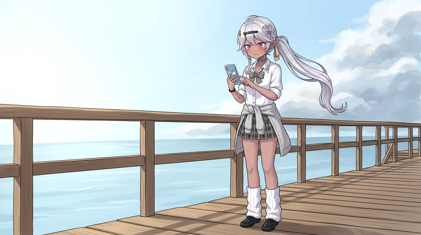 強風の中、1gの超軽量アジングジグヘッドが風に煽られ、狙った飛距離が出ずに失速している様子。キャラクター「黒耳」がフラストレーションを感じている。