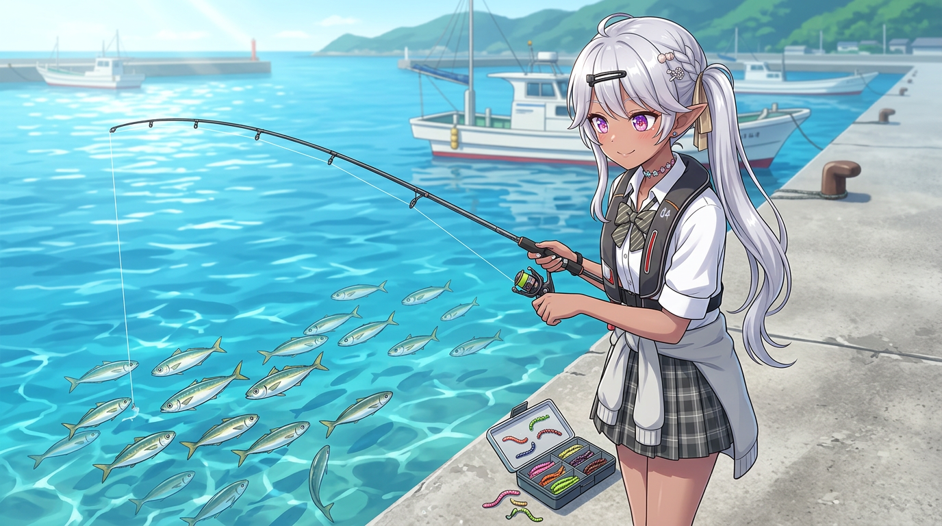 夜の漁港で、ヘッドランプを照らしながら白いワームを足元に落とし、水面の濁り具合を確認するアバターキャラクター。