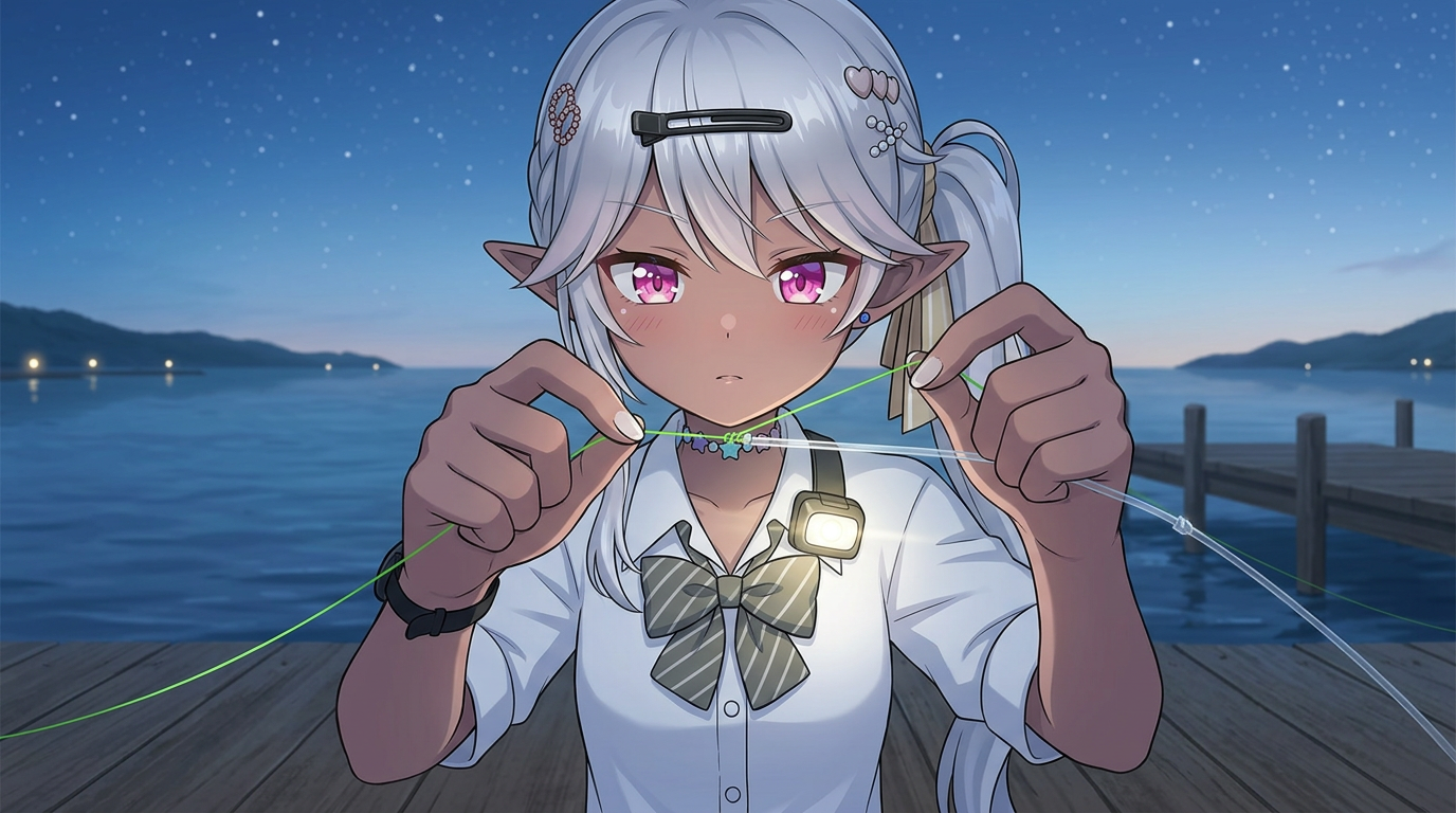 夜の釣り場で、薄明かりの下、PEラインとリーダーを集中して結んでいるエルフの女の子。