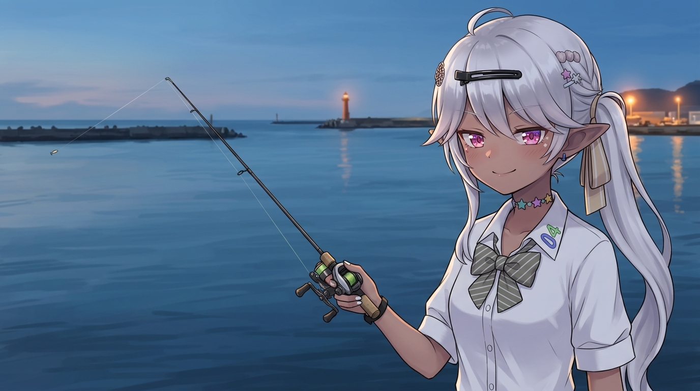 アジングロッドを持ち、静かな coastal fishing bay でキャストする、銀髪ツインテールで星形チョーカーをつけたエルフのアバター。遠くに見える灯台と港の明かりが夕暮れの空の下に広がる。