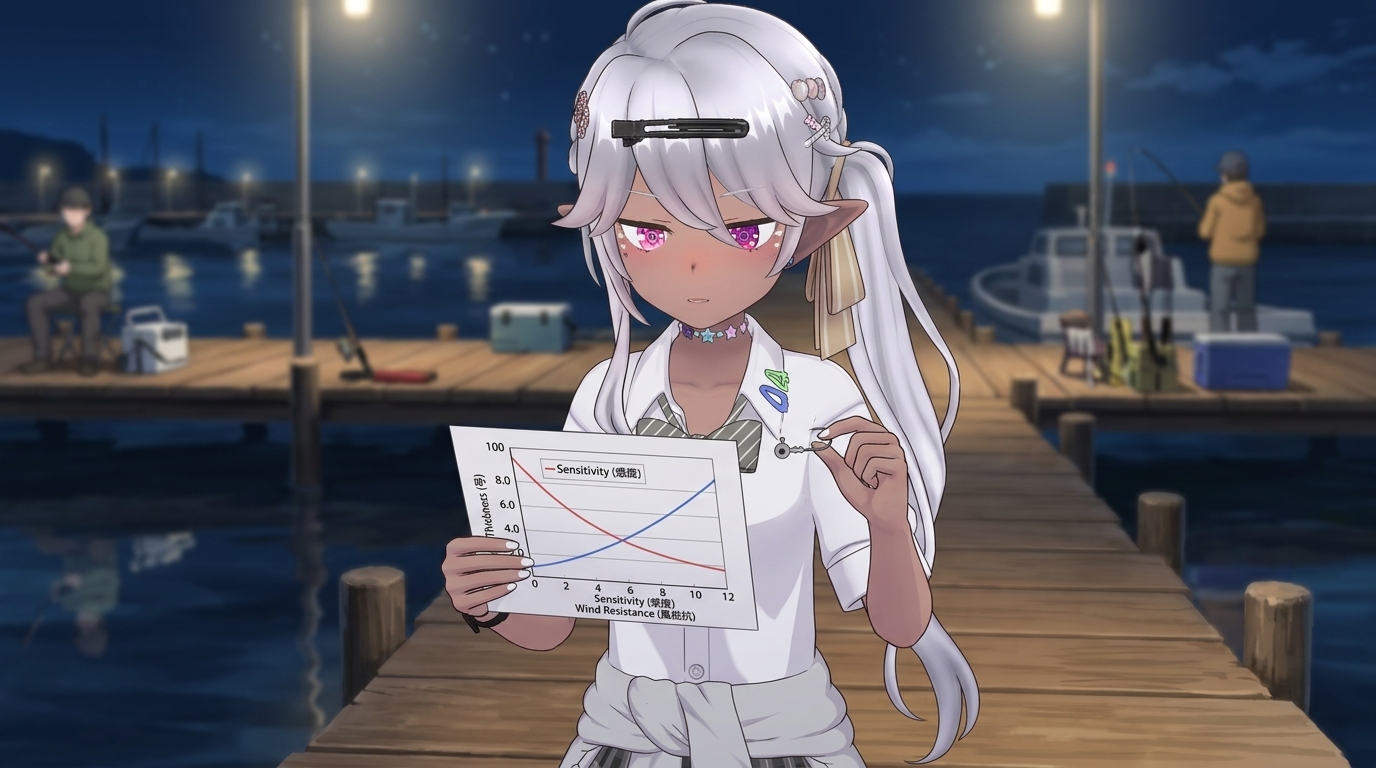 夜の漁港で、エステルラインの号数（太さ）と感度の関係をグラフで解説するアバターキャラクター。