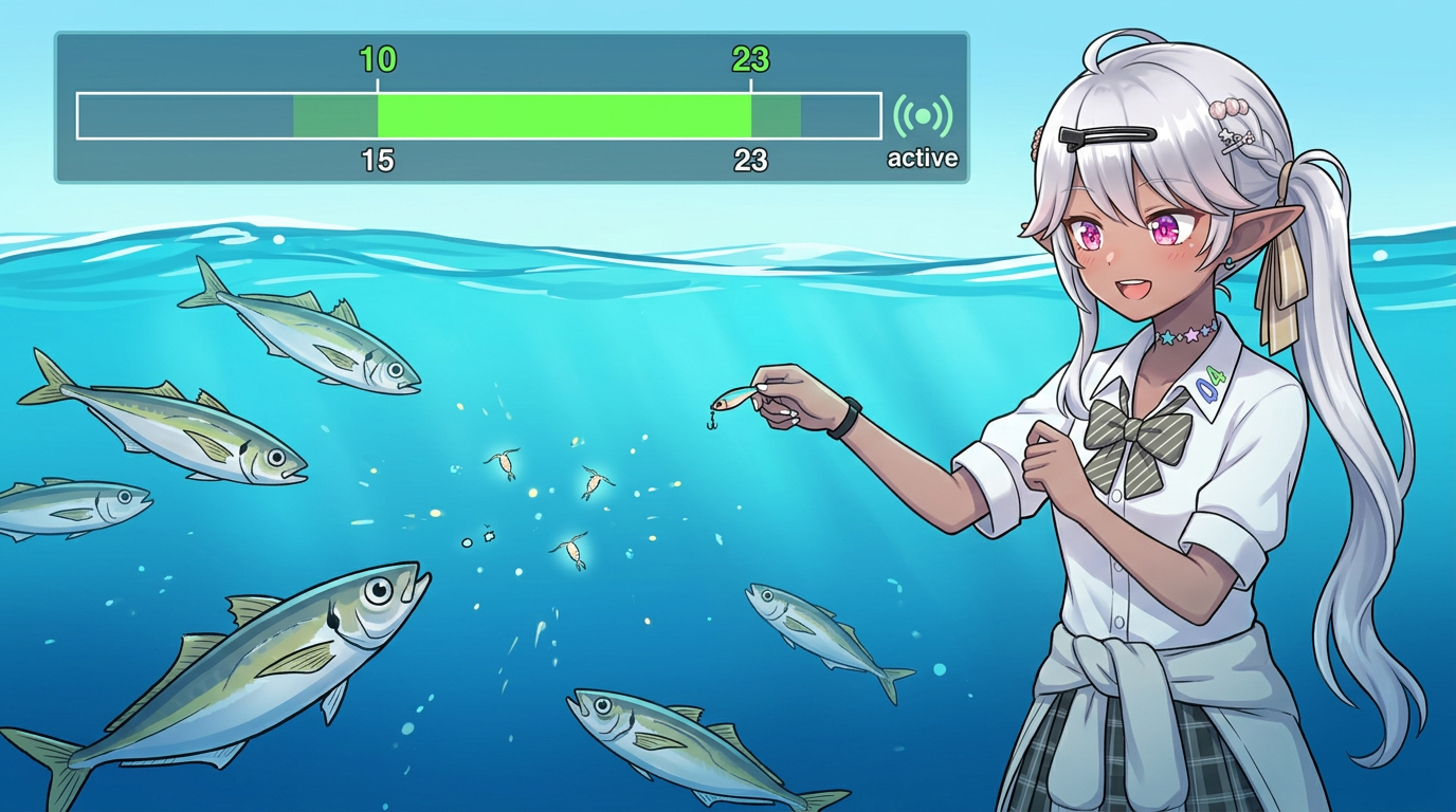 シルバーヘアのアバター少女が釣る様子を横から描写。水面と水中が分割されており、水中ではアジがプランクトンを追っている。上部には15〜23の範囲を示すグラフがある。