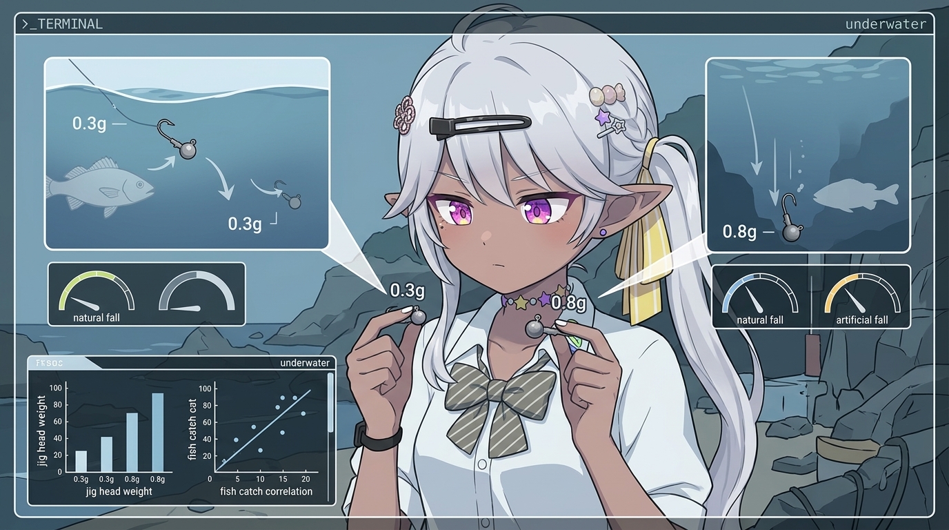 アジングのキャロライナリグにおいて、ジグヘッドの重さが食わせ（自然なフォール）に与える影響を解説した、アニメスタイルのイラストレーション。0.3gと0.8gのジグヘッドの比較と、それぞれの海中での動きが図解されている。