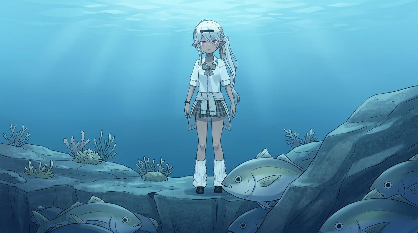 海底でじっと佇む銀髪のエルフのアバター。周囲の魚も海底付近で静止しており、体力温存モードであることが表現されている。