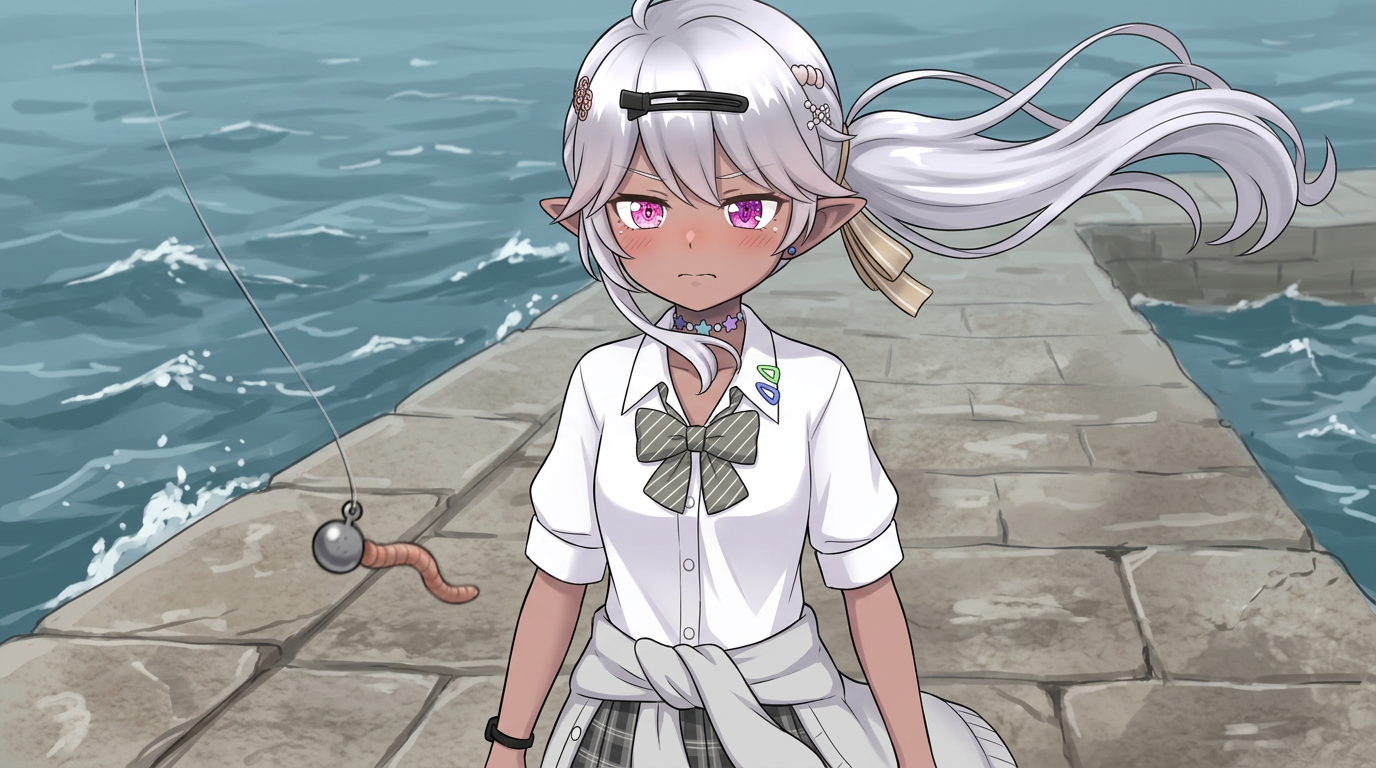 強風の中、1gの超軽量アジングジグヘッドが風に煽られ、狙った飛距離が出ずに失速している様子。キャラクター「黒耳」がフラストレーションを感じている。