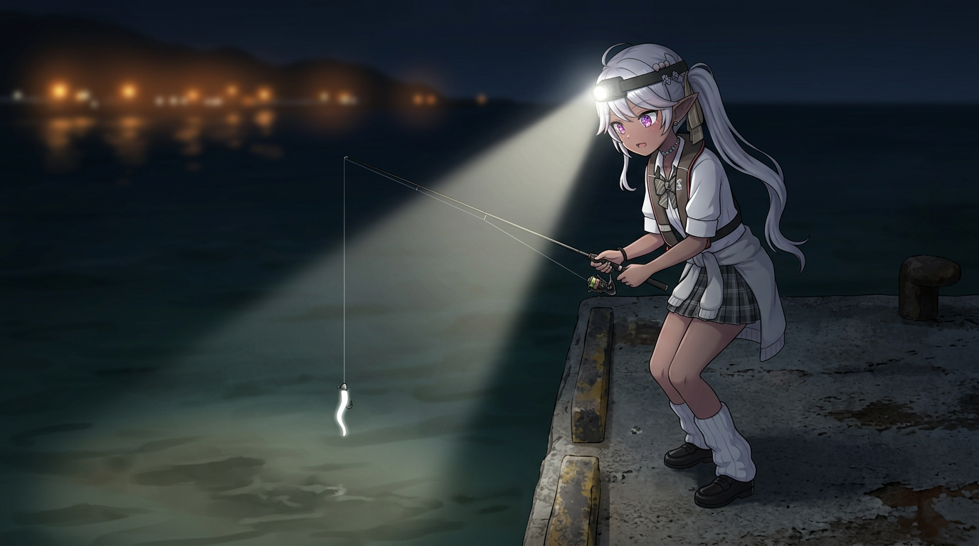 夜の漁港で、ヘッドランプを照らしながら白いワームを足元に落とし、水面の濁り具合を確認するアバターキャラクター。
