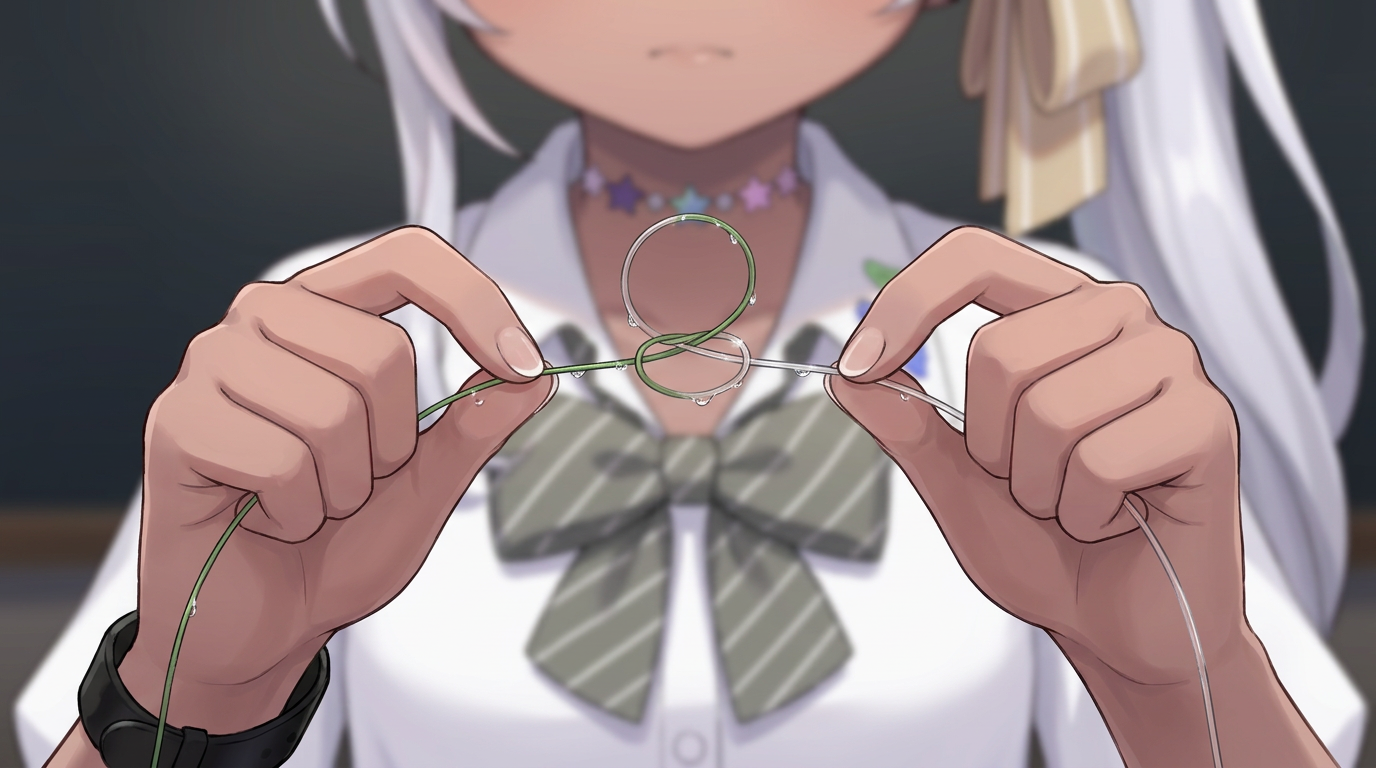 摩擦熱を防ぐため、PEラインとリーダーを湿らせてから、ゆっくりと結び目を締め込んでいるエルフの女の子の手元。