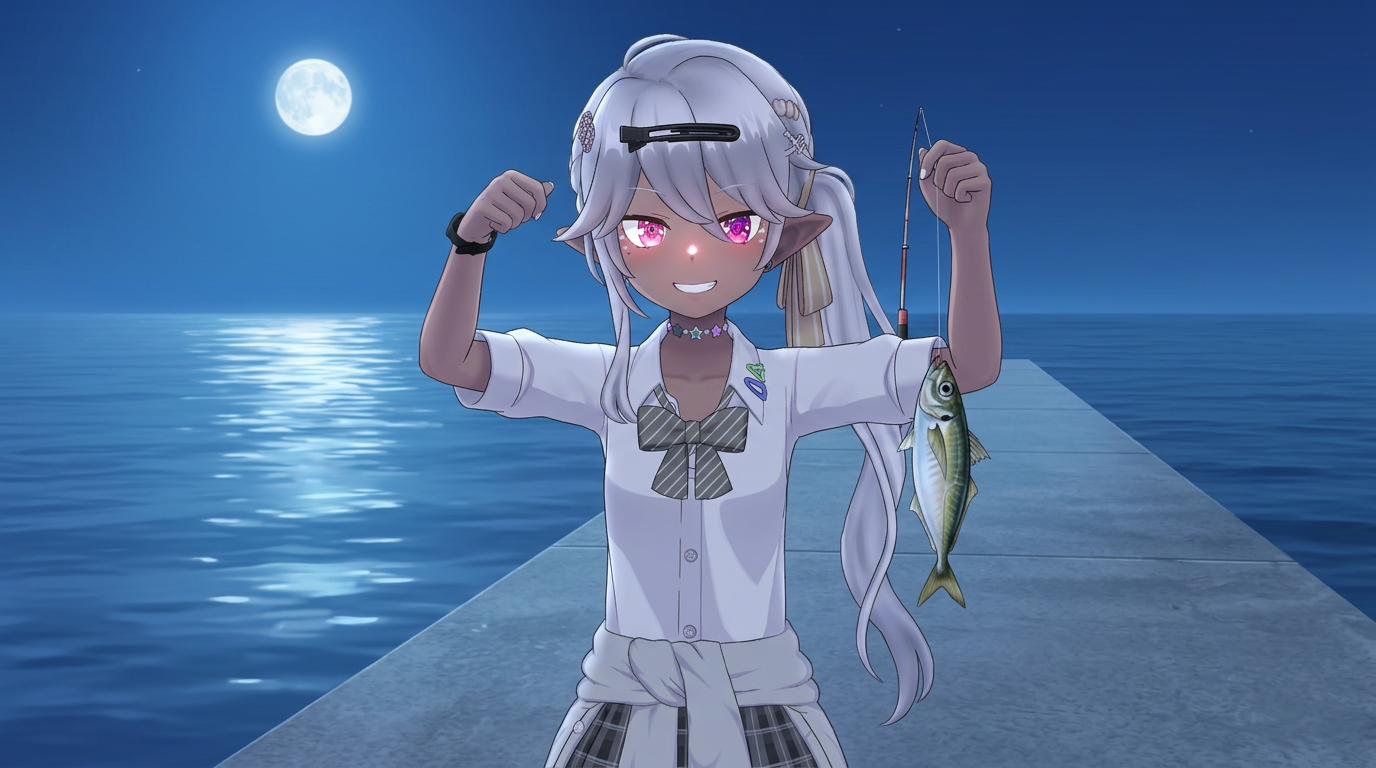 中潮の穏やかな夜、月明かりの下でアジを釣り上げ、満面の笑みを浮かべる制服姿のアバター。