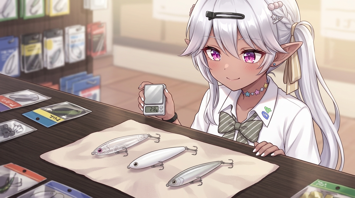 初心者向けのアジングプラグ最強の選び方をテーマに、釣具店で小型シンキングペンシルの重量（2.8g）とカラー（クリア系、アピール系）を確認する銀髪キャラクターのアニメイラスト。