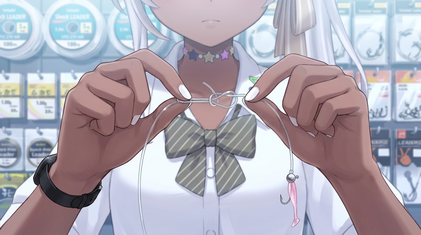 エステルラインとショックリーダーを「トリプルエイトノット」で結束する、アバターキャラクターの手元拡大図。