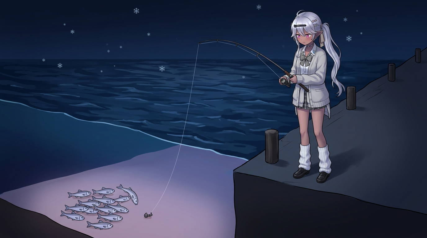 冬の冷たい夜、防波堤に立つシルバーヘアの少女アバター。海面は冷たい空気で煙っているが、水中深くのボトム付近は少し暖かそうな紫色。アジが密集し、タングステンのジグヘッドが沈んでいく。