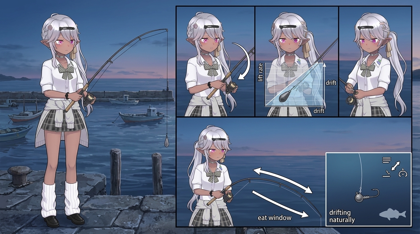 アジングのキャロライナリグにおいて、大きくゆっくりとしたリフト＆フォールと、「さびく」アクションの違い、そして動かした後の「食わせの間」の重要性を解説した、アニメスタイルのイラストレーション。