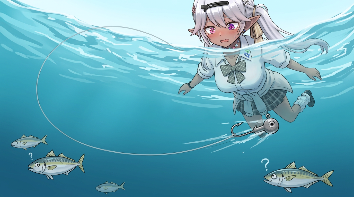 水中下、風に煽られたラインが大きく『U字』を描き、1.2gのアジングジグヘッドを不自然に横へ引っ張っている。アジたちがその様子を無視している。