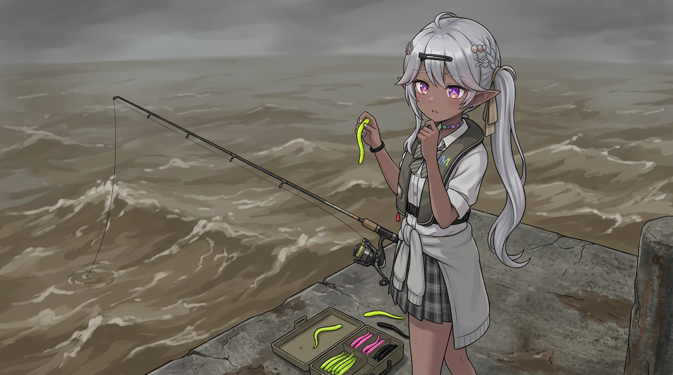 雨が降った後の、濁った茶色の海を見つめるアバターキャラクター。濁り潮の中でシルエットがはっきり出るチャートカラー（蛍光黄色）のワームを手に持っている。