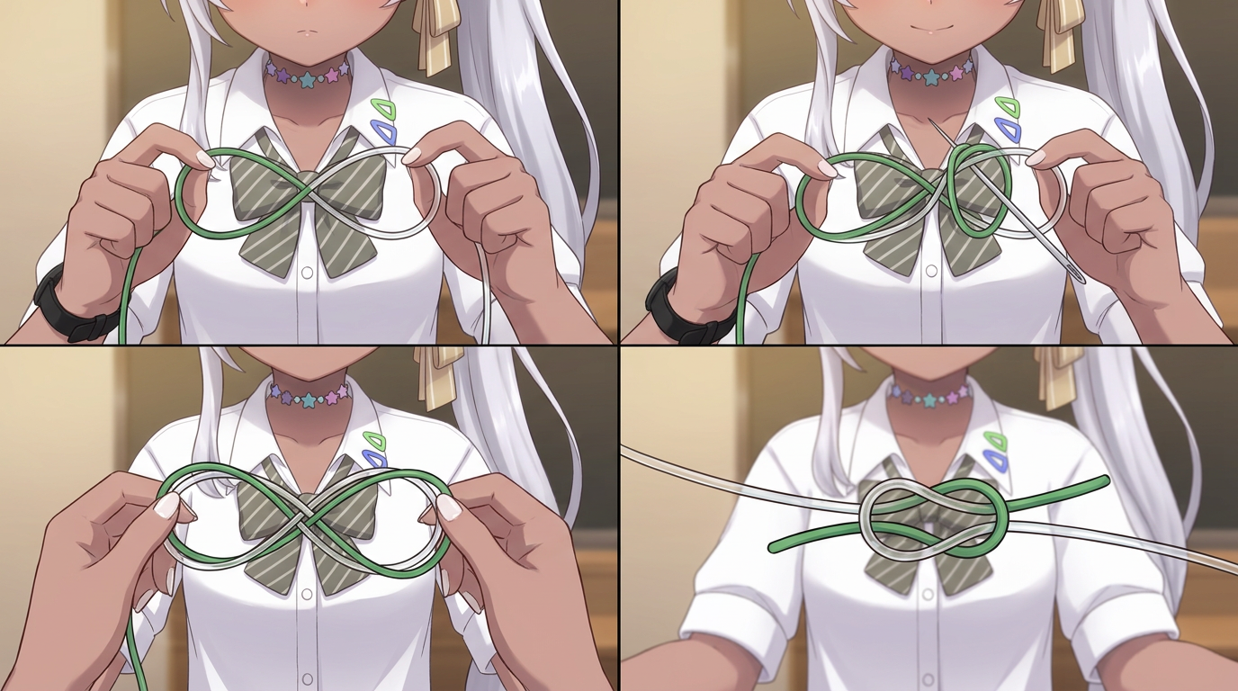 PEラインとリーダーを重ね、指先で3回巻きつけてトリプルエイトノット（8の字結びの3回巻き）を作るエルフの女の子。