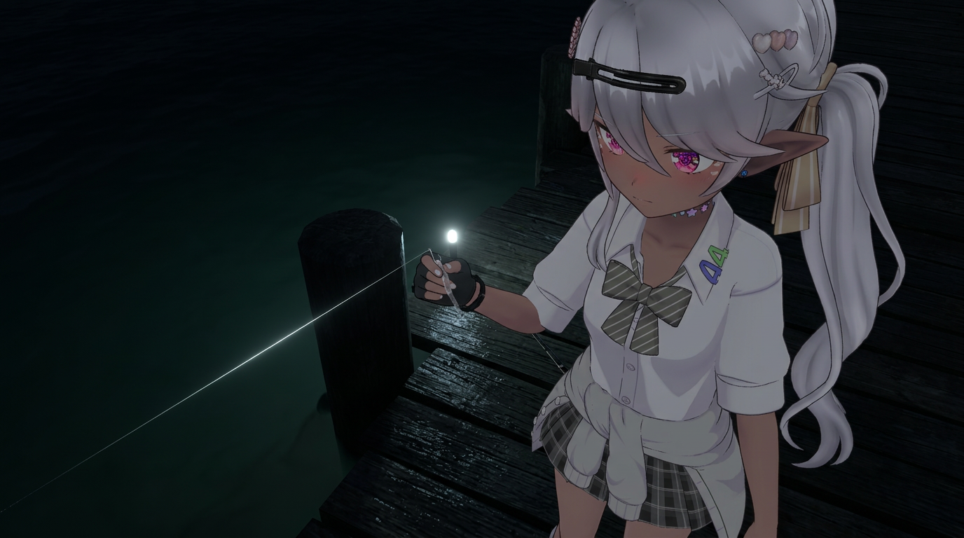 小潮の夜、極細のラインと超軽量ジグヘッドを使い、常夜灯の下で集中してフィネスアジングを行う制服姿のアバター。