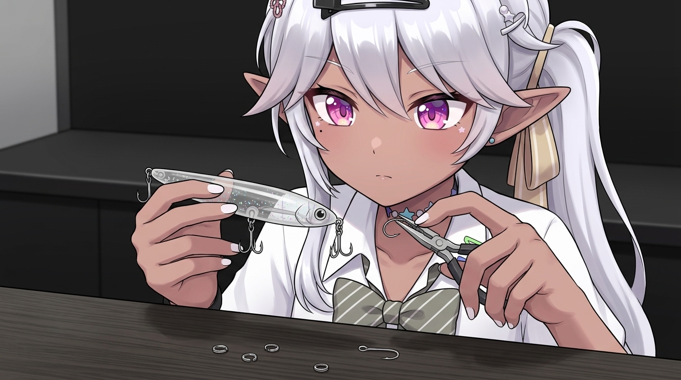 100均ダイソープラグの活用法をテーマに、小型シンキングペンシルの純正フックを、信頼できる細軸のシングルフックに交換しようとする銀髪キャラクターの手元のアニメイラスト。