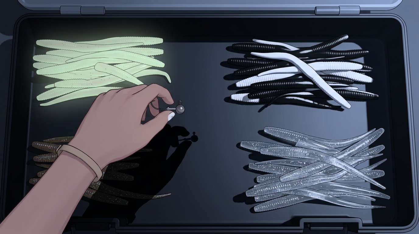 夜の暗闇で、UVライト（紫外線ライト）を使ってグローワームを蓄光させるエルフの女の子。