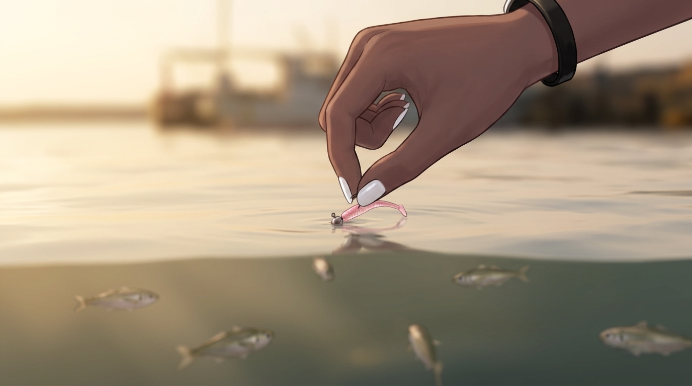 アバターキャラクター「黒耳」さんが、0.2号の極細エステルラインと超軽量ジグヘッドを使って、海中を漂うプランクトンを模して豆アジを狙う様子。