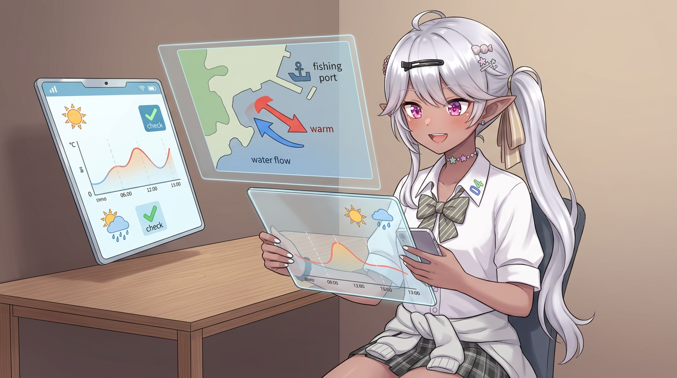 勉強机でタブレットを操作するシルバーヘアの少女アバター。タブレットには温度グラフと釣り場のマップが表示されている。アプリ活用を表現。