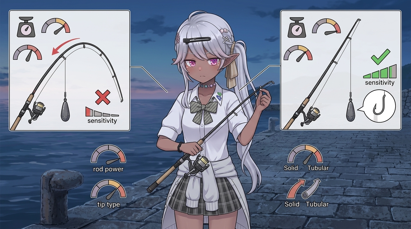 アジングのキャロライナリグにおいて、ロッドの適合ウェイト（パワー）とティップの特性が感度に与える影響を解説した、アニメスタイルのイラストレーション。重いキャロを操作するために必要なロッドの張りとバットパワーが図解されている。