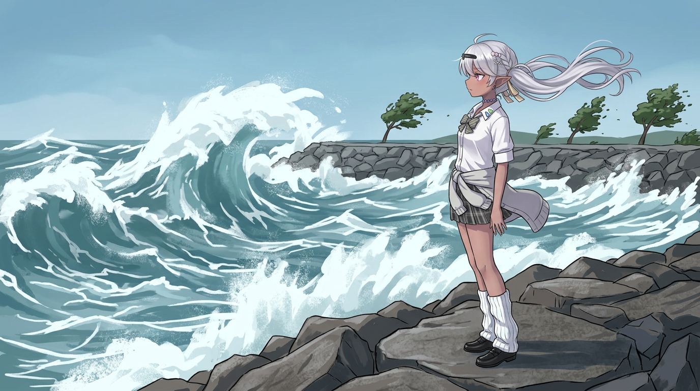 風速5m以上の予報が出ている。 coastal rock jettyに立つキャラクター「黒耳」は、白波が立ち、木々が大きく傾くほどの強風に、撤退を余儀なくされている。彼女のポニアテールが激しく舞い、 tied grey cardiganがわずかに風をはらんでいる。