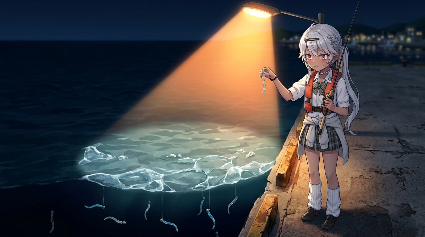 夜の漁港で、常夜灯の光の輪の中、透明なワームを不安そうに指で持っているアバターキャラクター。わずかな光を透過してぼんやりと輝いている。
