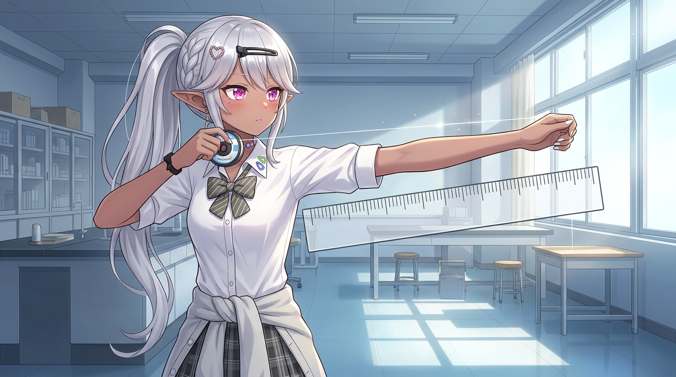 フロロカーボンのリーダーラインを腕いっぱいまで引き伸ばし、矢引の長さ（約40〜50cm）を正確に測っているエルフの女の子。