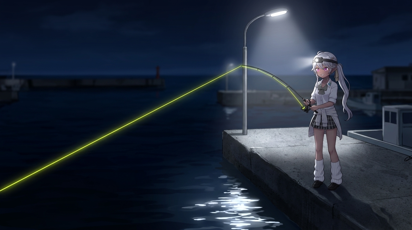 LED街灯とヘッドランプの白い光に照らされた夜の釣り港。銀髪ツインテールで星形チョーカーをつけたエルフのアバターが、超軽量釣り竿から蛍光イエローのPEライン（細く、輝くレーザービームのようなもの）を真っ直ぐに伸ばしている。ラインは暗い水面に対して非常に鮮明で、LEDの光とヘッドランプを反射している。