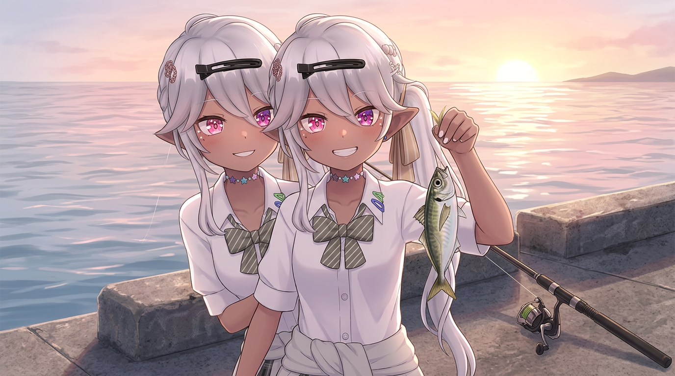 朝マズメのゴールデンタイム、潮が動き出した瞬間にアジを連発させ、満足げな表情の制服姿のアバター。