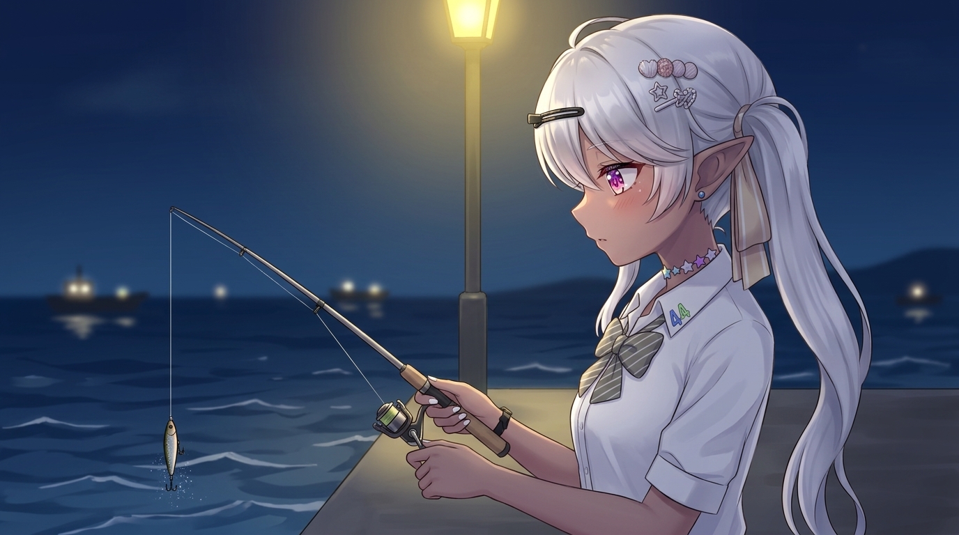 アジングのプラグ最強の動かし方をテーマに、夜の漁港で常夜灯の下、小型シンキングペンシルを一定の超デッドスロー（デッドスローリトリーブ）で巻く銀髪キャラクターのアニメイラスト。