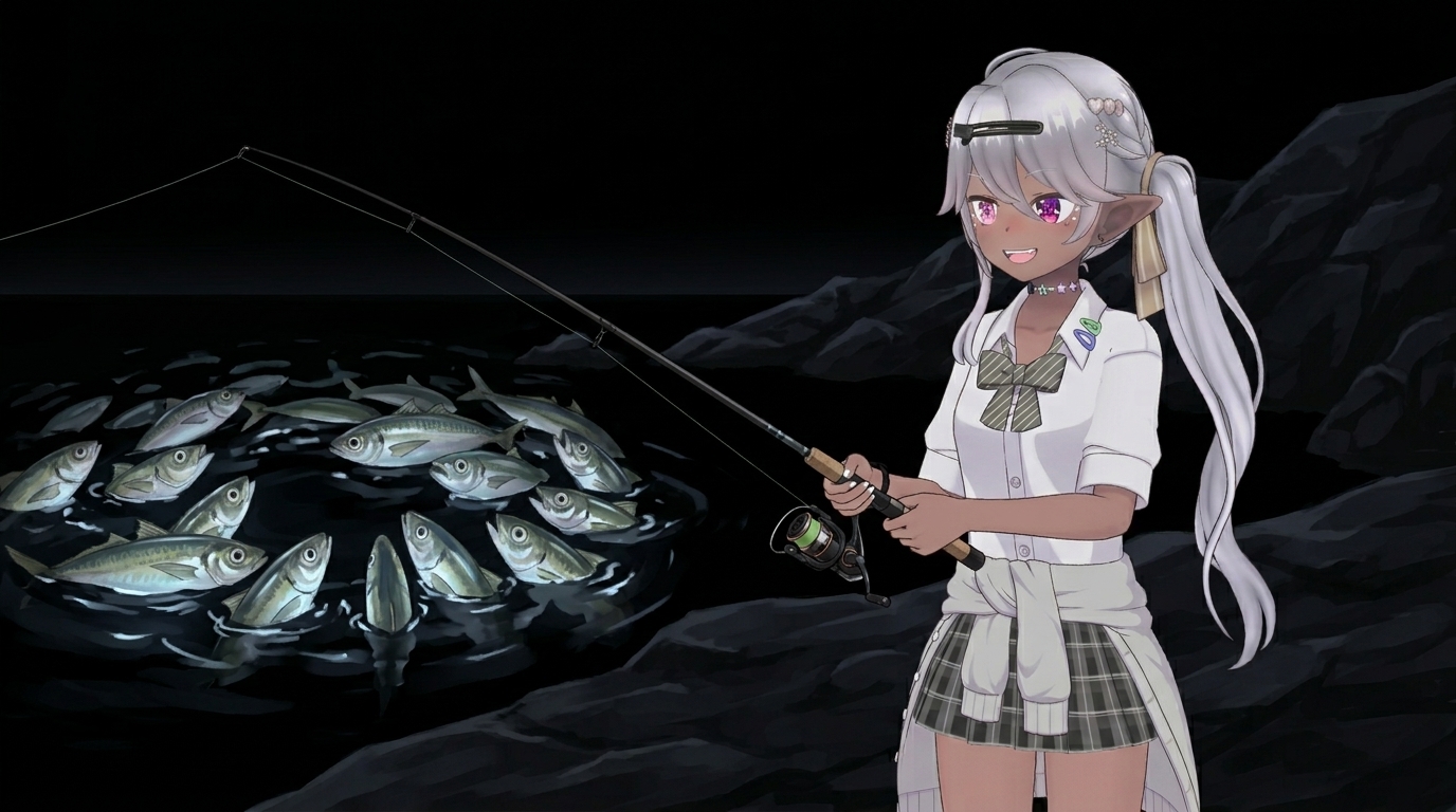 夜の暗闇で、PEライン（0.3号）をリールに巻くなど、タックル構成を確認するエルフの女の子。