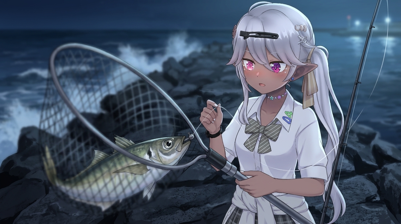 アバターキャラクター「黒耳」さんが、0.4号のエステルラインと重めのタングステンジグヘッドを使い、沖の深場で尺アジを釣り上げた様子。