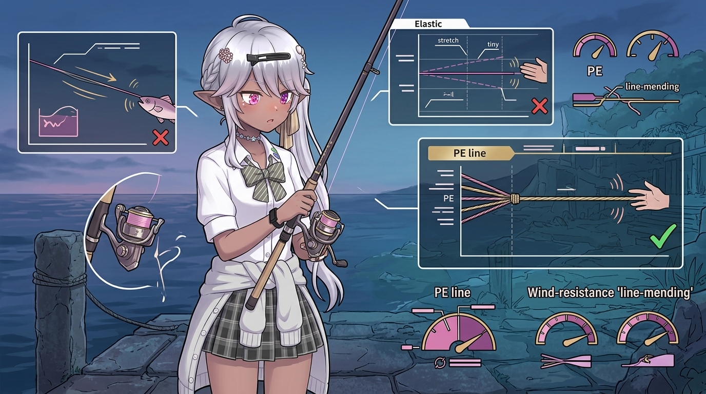 アジングのキャロライナリグにおいて、PEラインの圧倒的な低伸度が感度に与える影響を解説した、アニメスタイルのイラストレーション。エステルやフロロカーボンラインとの伸びの違いと、アタリの伝わり方が図解されている。