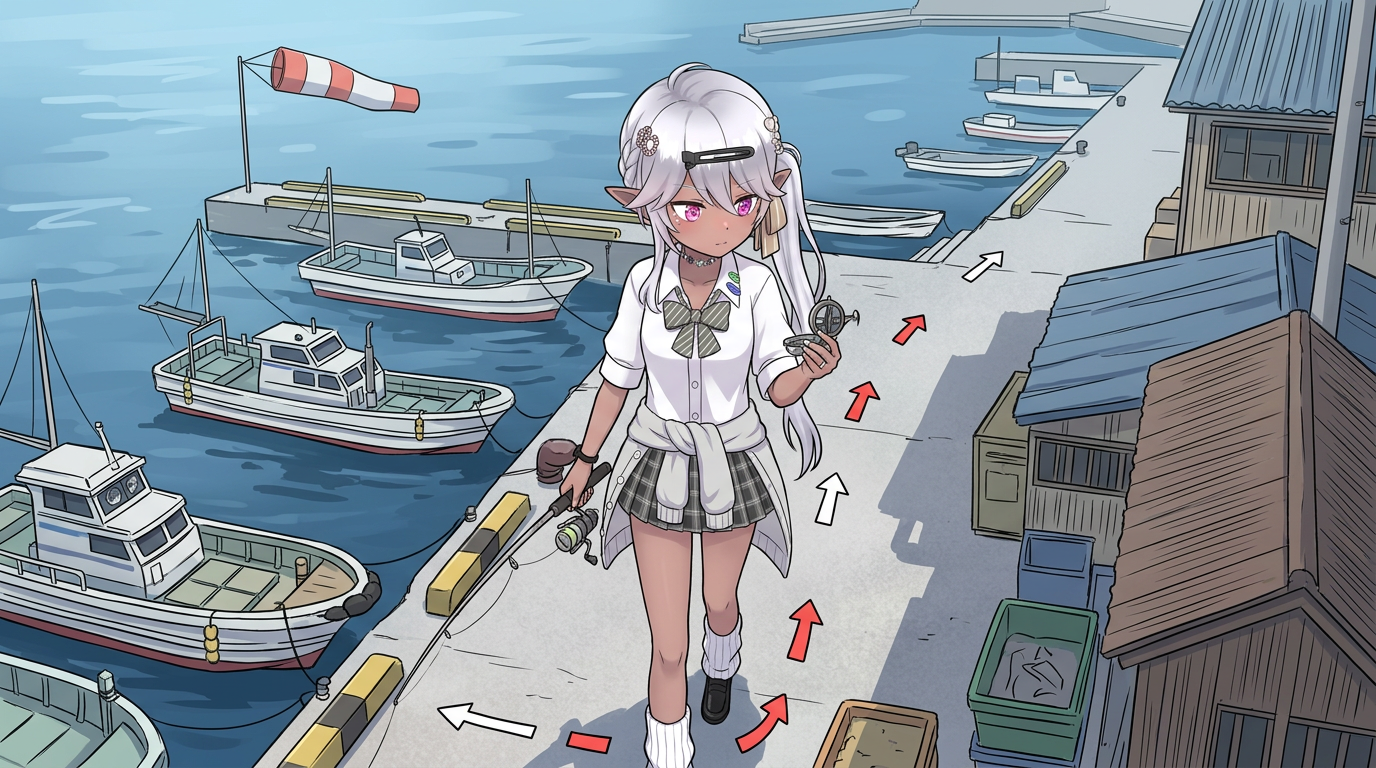 coastal fishing harborで、キャラクター「黒耳」が、L字型の堤防の角を曲がるなど、風向きに合わせた立ち位置変更のステップを実践している。集中した表情で、 determined pose（image_4.pngのピースサイン）のように、最善のポイントを探している。