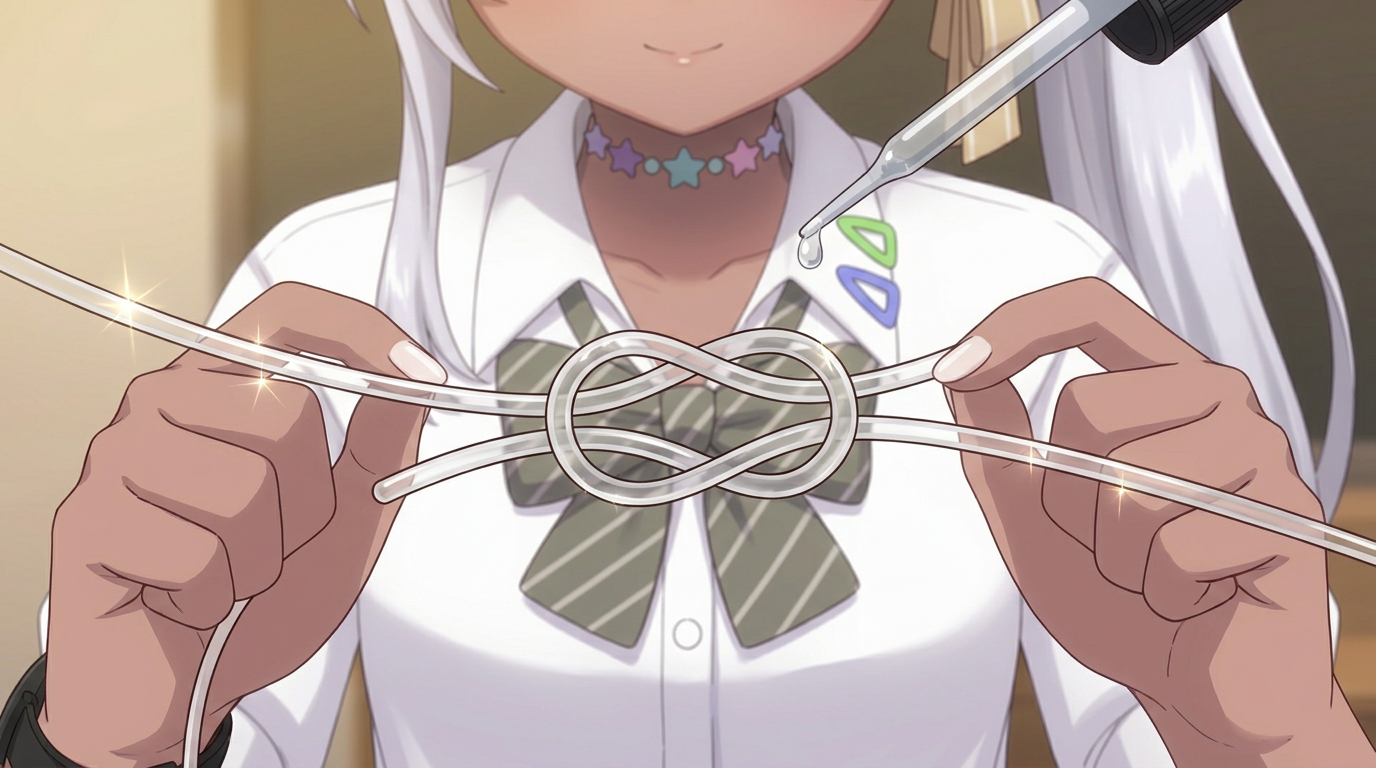 結び目の表面にコーティング剤（フッ素スプレーなど）を塗布し、ガイド抜けを良くしてトラブルを防ごうとするエルフの女の子。