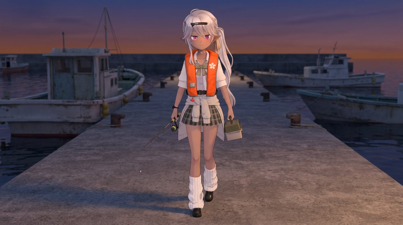 中潮の穏やかな夜、月明かりの下でアジを釣り上げ、満面の笑みを浮かべる制服姿のアバター。