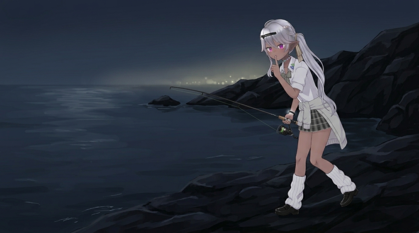 夜の暗闇で、アジングロッドを使って海中の表層・中層・底（ボトム）の3次元的なレンジ攻略をするエルフの女の子。