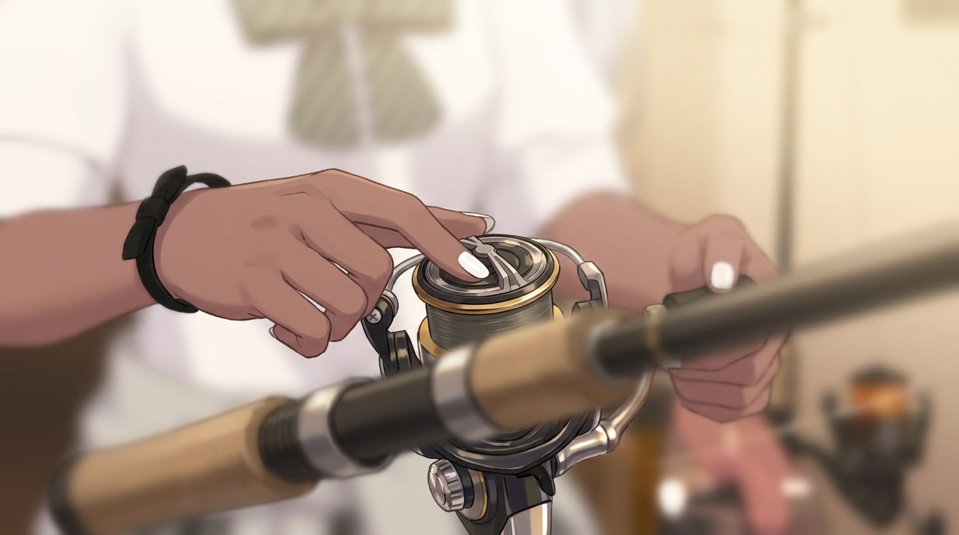 アバターキャラクター「黒耳」さんが、0.2号のエステルラインに合わせて、スピニングリールのドラグを指先で繊細に緩める様子。