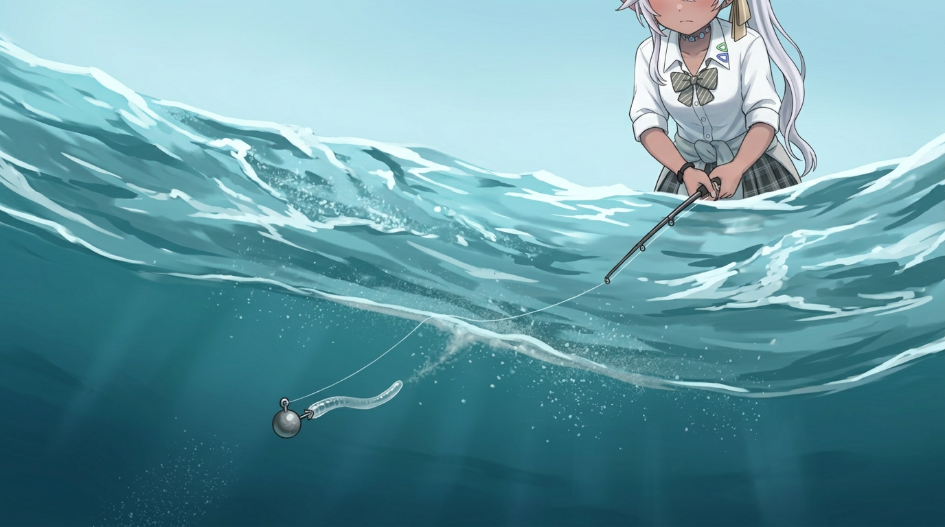 水中下、風と潮の流れが同調している状況。キャラクター「黒耳」（image_0.pngなどのアバター）が、比重の重いエステルラインを使用し、1.0gのジグヘッドを潮目に沿って自然にドリフト（漂わせ）させている。アジたちが興味深げに近づいている。