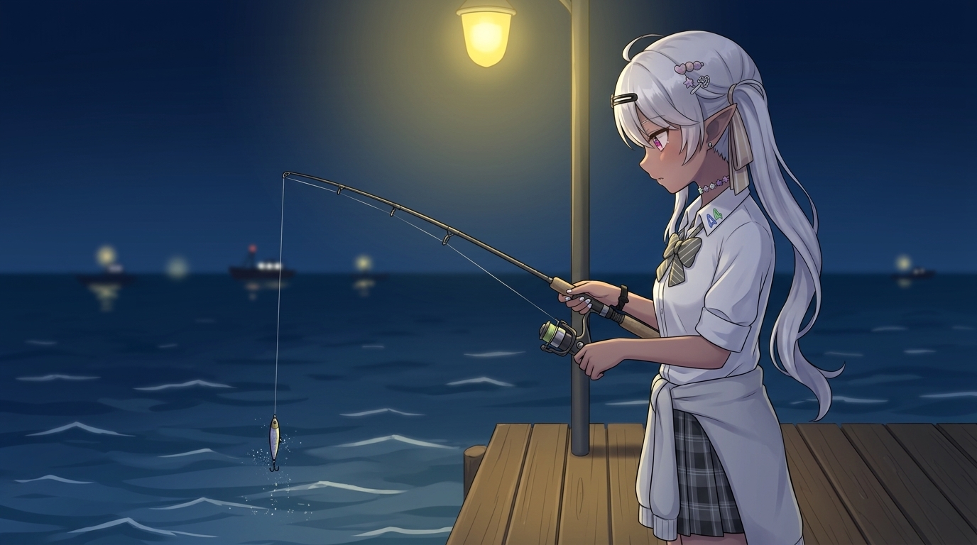 アジング最強プラグのレンジキープ術をテーマに、夜の漁港で小型シンキングペンシルを着水後にカウントダウンし、ロッド角度と巻きスピードを調整して一定の層（レンジ）を引く銀髪キャラクターのアニメイラスト。