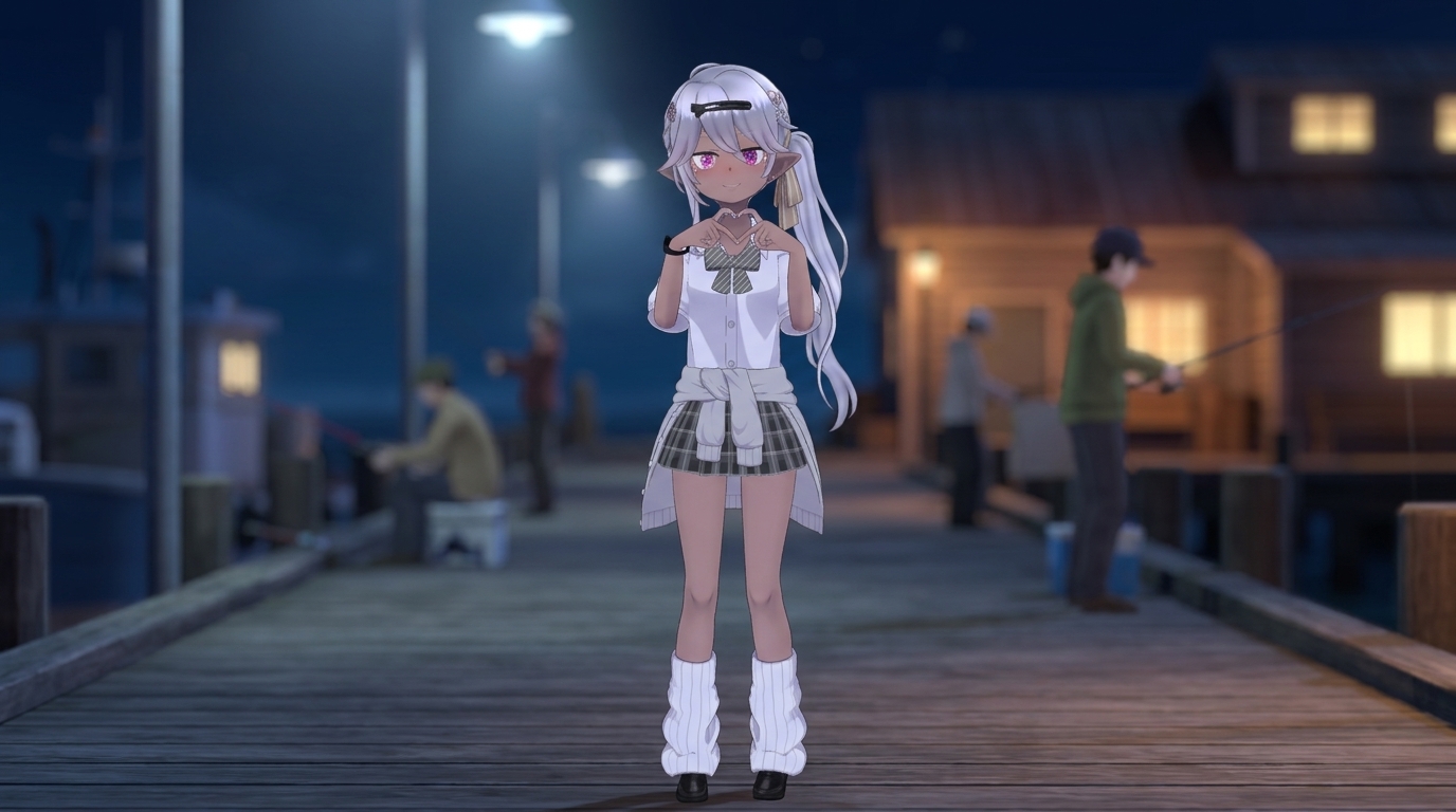 夜の漁港で、読者に向けて優しくハートマークを作り、エステルライン選びへの挑戦を応援するアバターキャラクター。