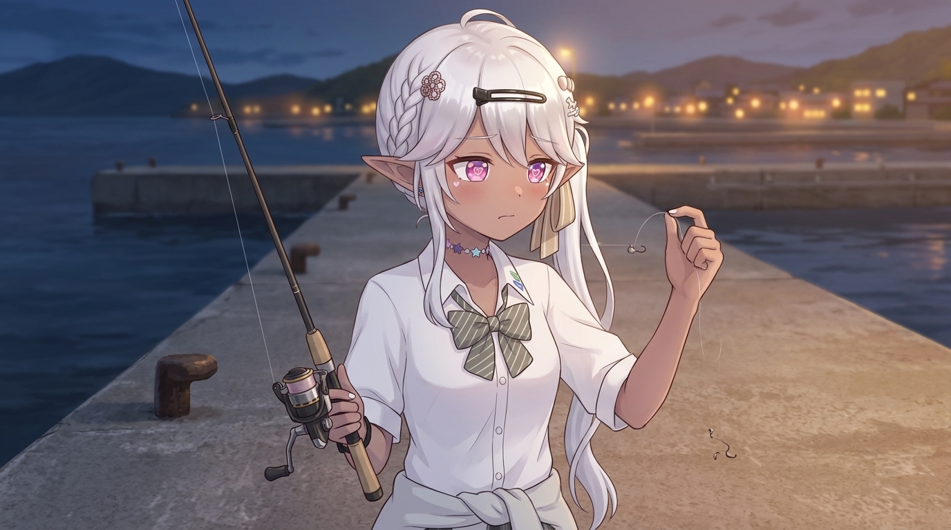 アジングを始めた初心者が、1gというあまりの軽さに戸惑い、飛ばない原因に悩む様子を表現した挿絵。キャラクターが困惑した表情で極小のジグヘッドを見つめている。