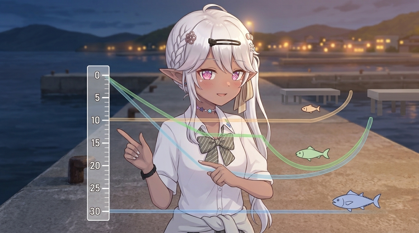 アジングのジグヘッド重量ごとの飛距離目安を示す、テキストなしの視覚的ダイアグラムとキャラクター。異なる重量のジグヘッドが物理的に飛ばせる限界距離を比較している。